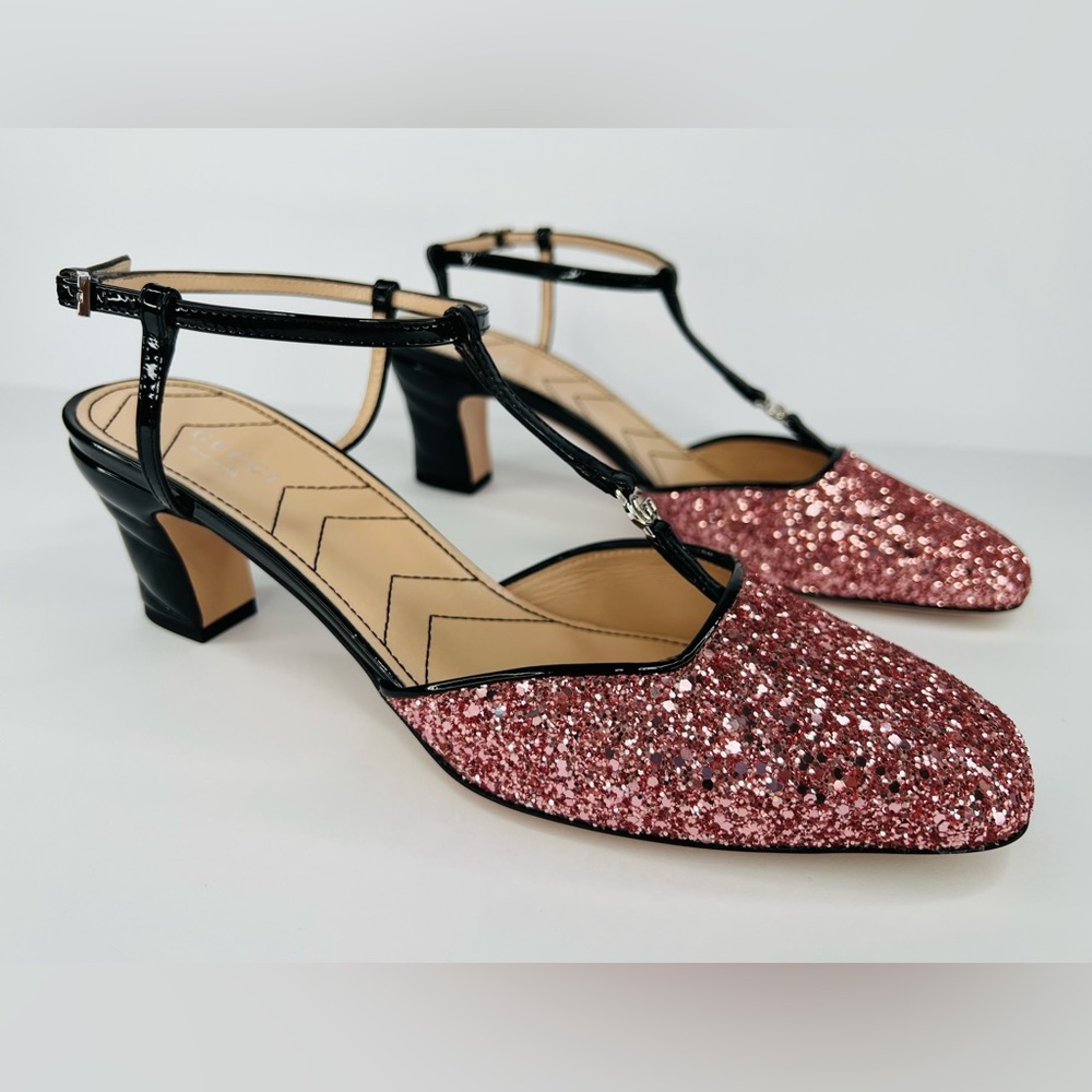 GUCCI WOMEN'S PETITE GG SLINGBACK GLITTER PATENT CHARLOTTE PUMPS SIZE EU 40